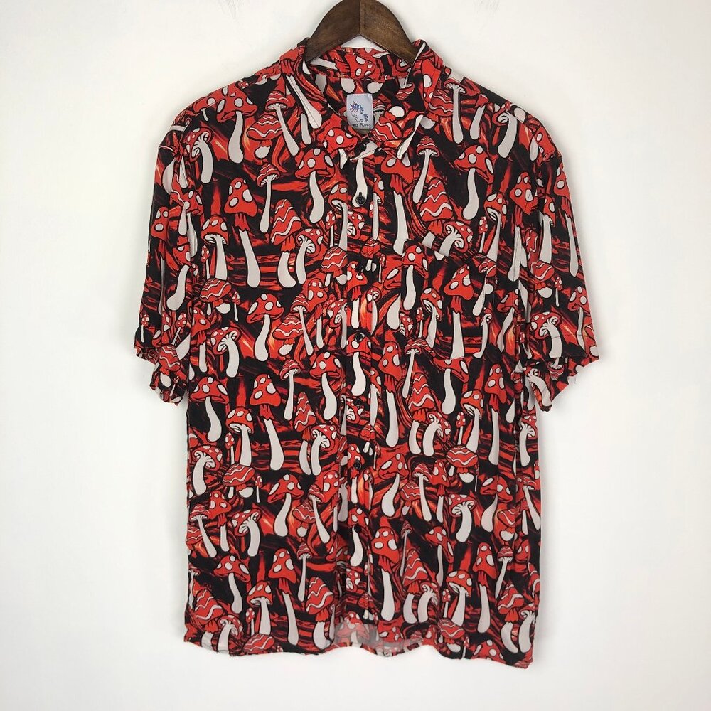 I Heart Raves Big Red Psychedelic Mushrooms Rayon Short Sleeve Shirt Pocket XL